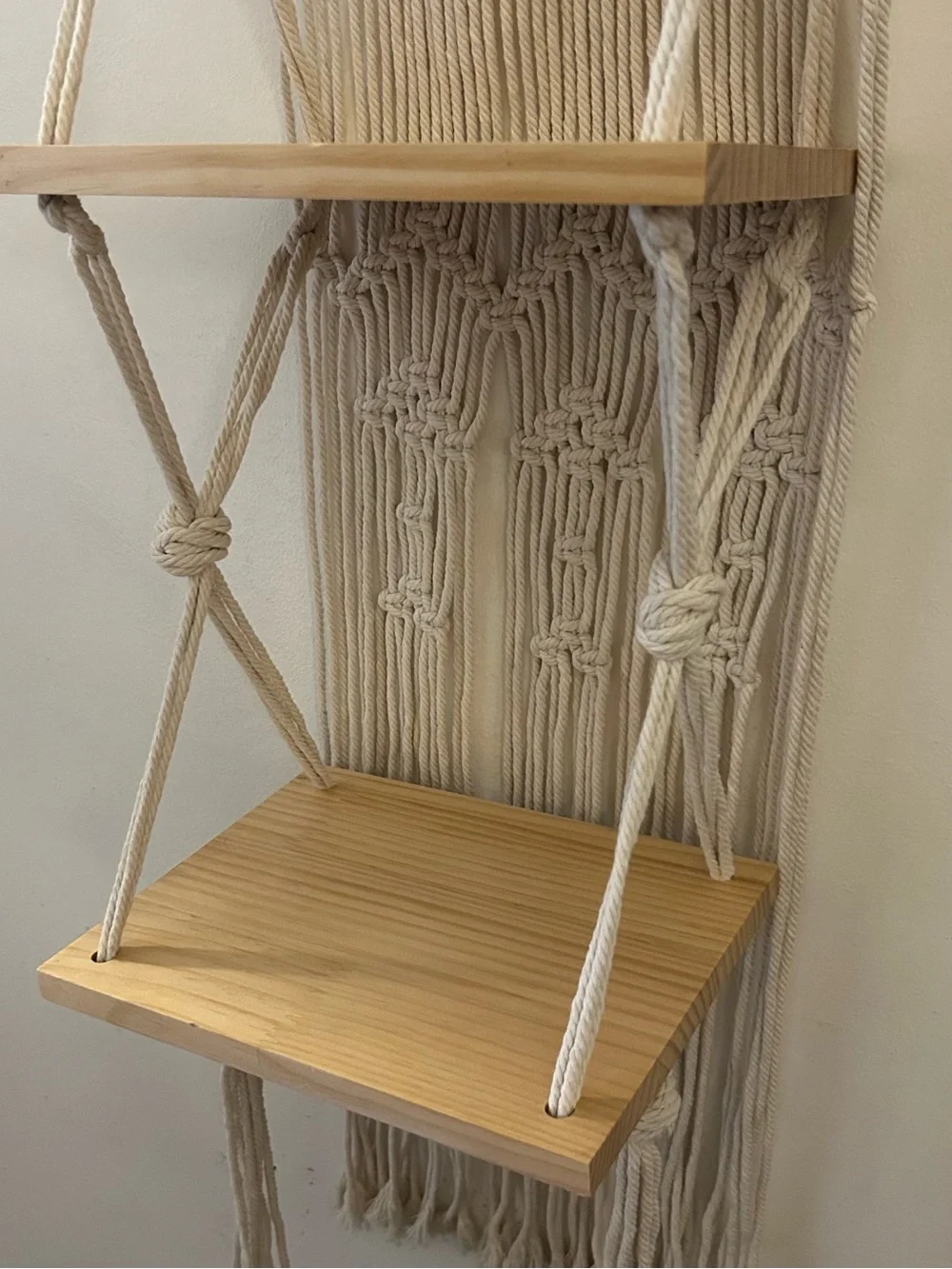 Macrame Hanging Wall Shelf 2 Tier Heart Design Natural Woven Wood Plant Hanger